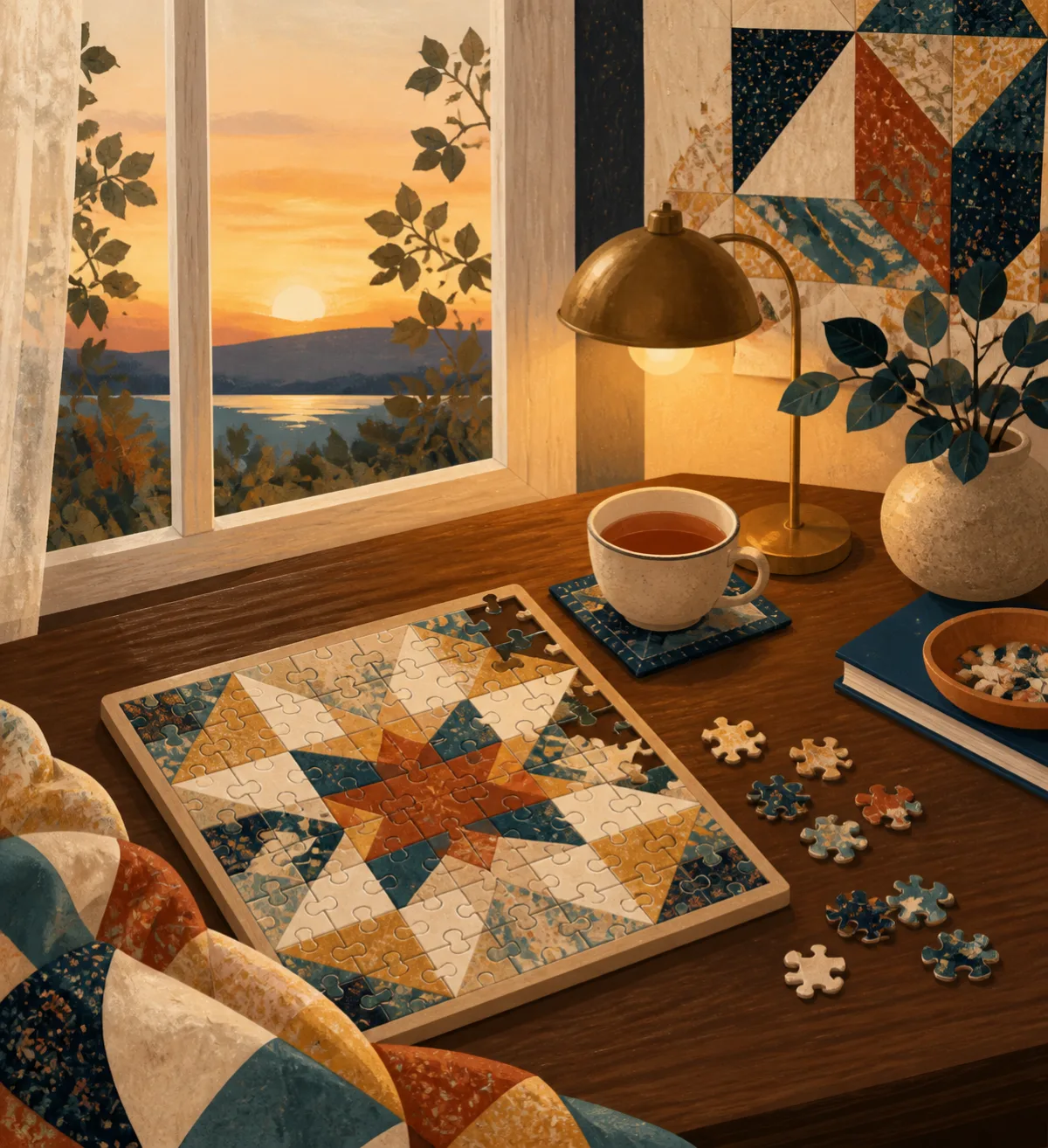 Illustration of a small daily puzzle ritual fitting gently into an ordinary day
