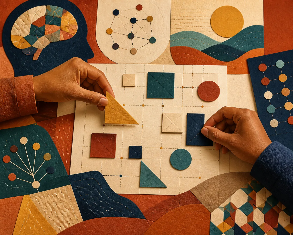 Illustration of a puzzle being solved through a sequence of small, connected deductions