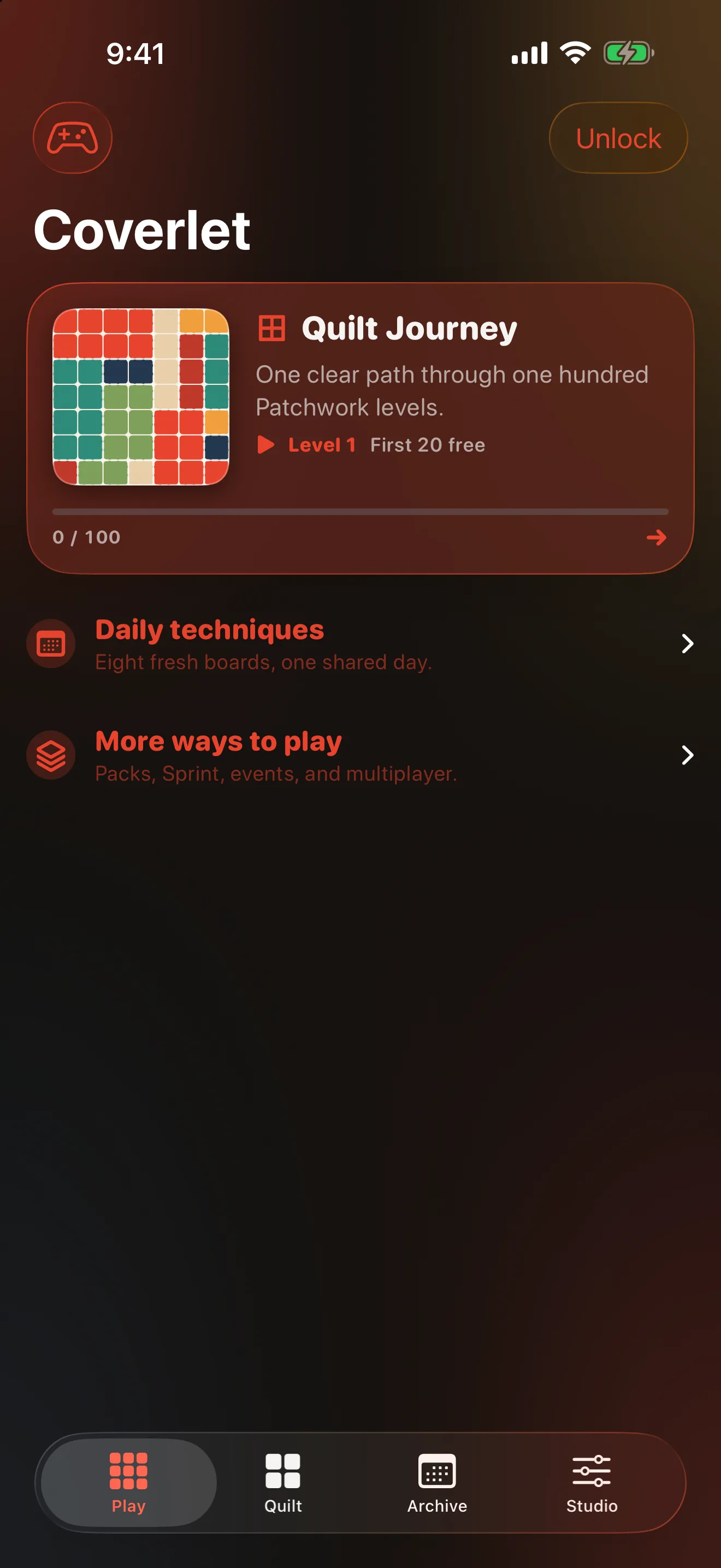 Coverlet 2.2 development screen showing Quilt Journey with 100 Patchwork levels and the first 20 free