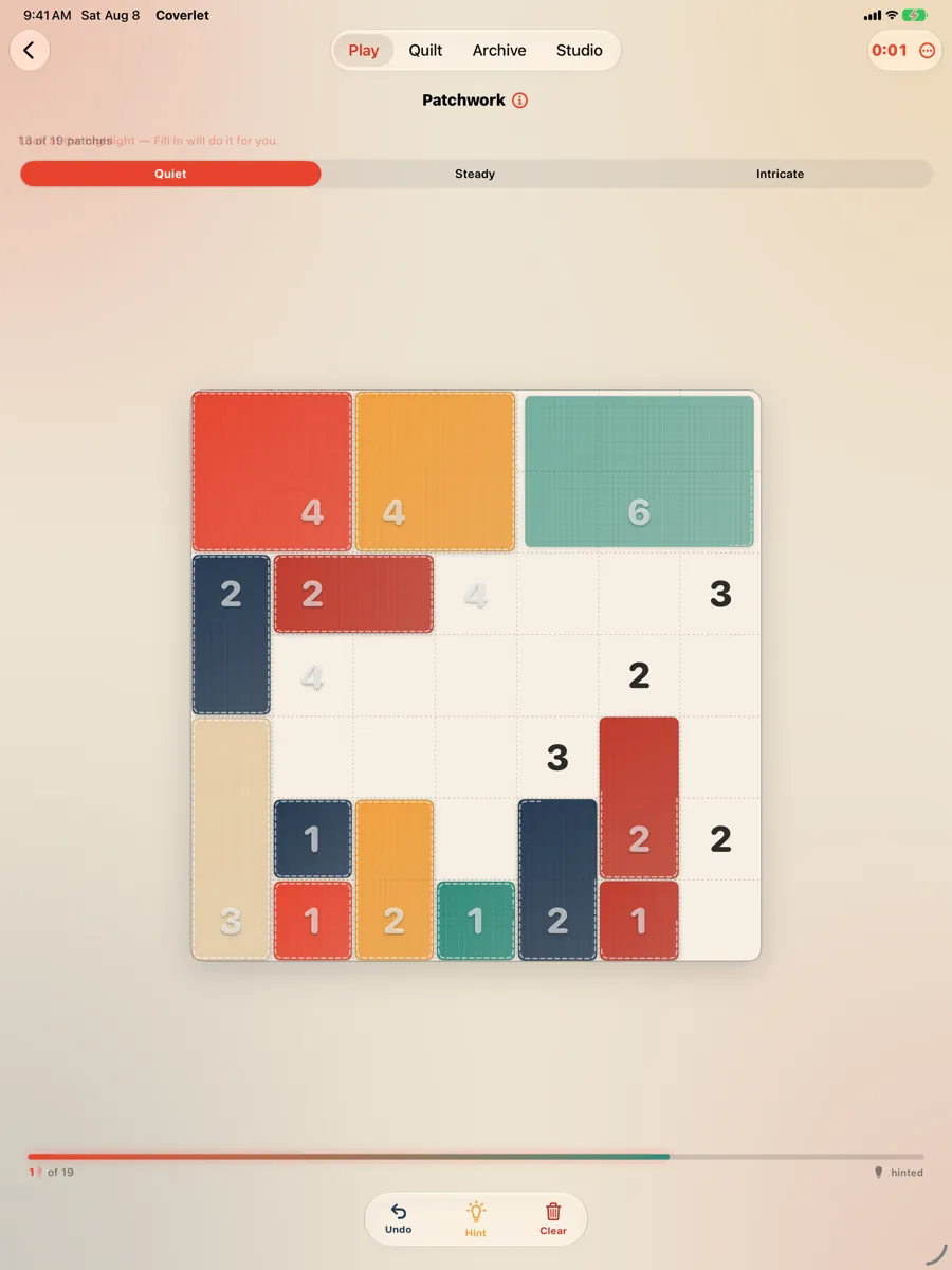 Patchwork daily puzzle open in Coverlet on iPad