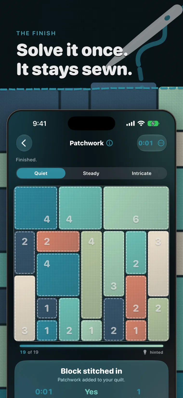 Coverlet finished puzzle and quilt block on iPhone