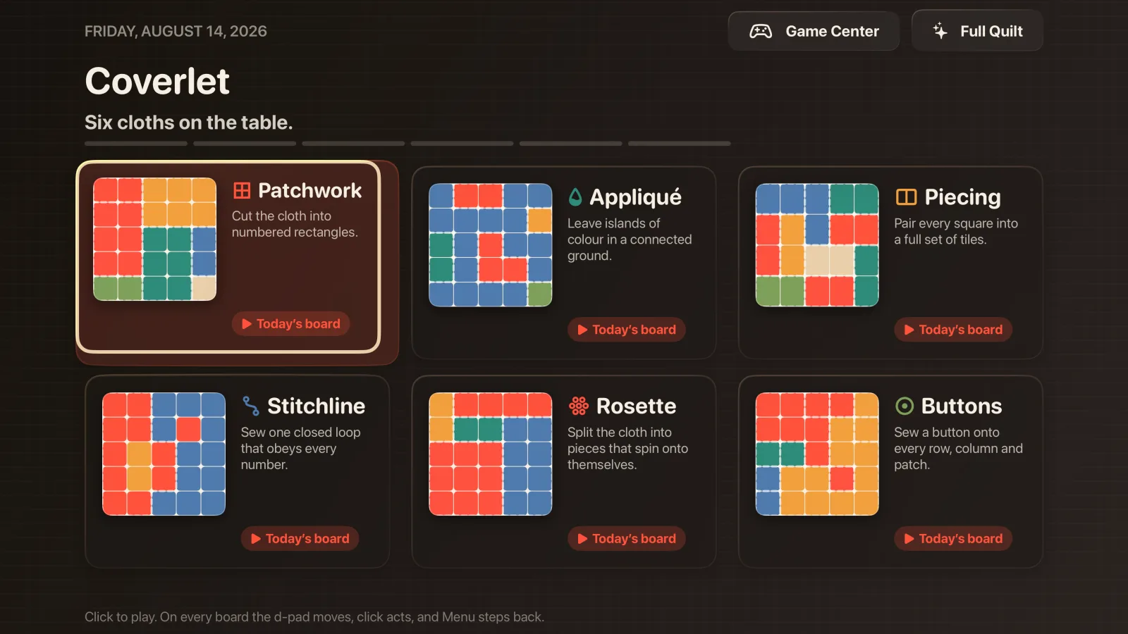 Coverlet 2.0 six-mode puzzle hub on Apple TV