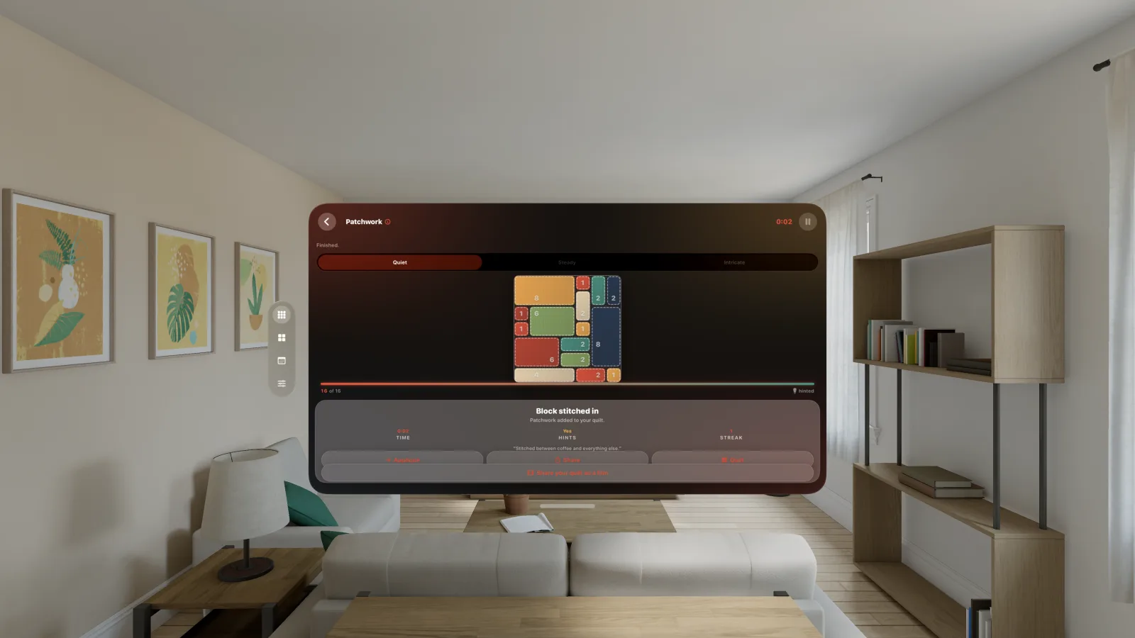 Coverlet puzzle board in visionOS Shared Space