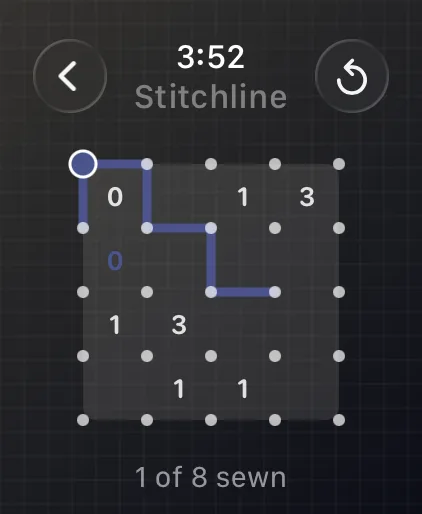 Stitchline joins neighboring dots around a 4 by 4 clue grid